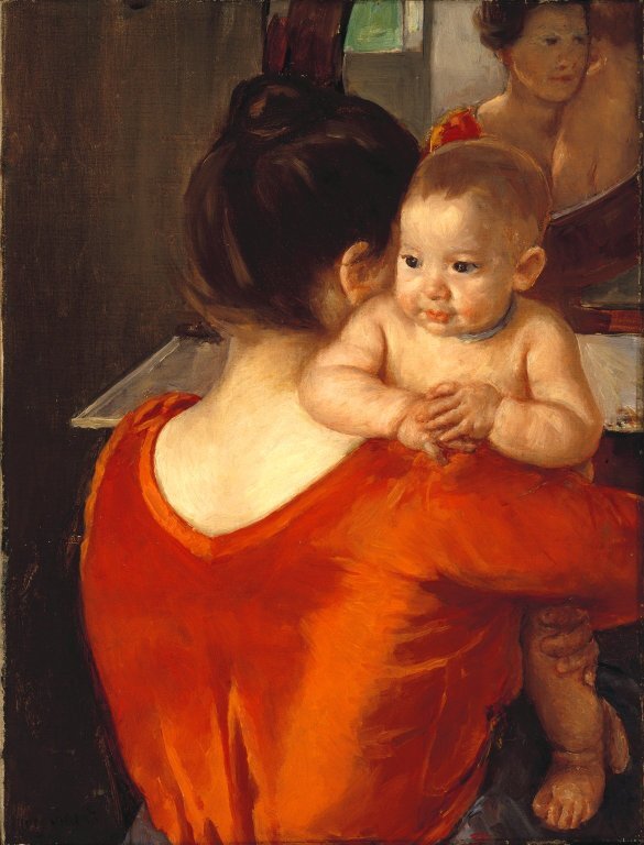 赤いボディスの女性と子供